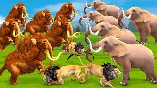 10 Woolly Mammoth Elephant Vs 10 Giant Lions Fight Cow Cartoon Buffalo Saved by Mammoth Vs Lion