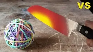 EXPERIMENT Glowing 1000 degree KNIFE VS Rubber Band Ball