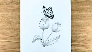 Beautiful Flower with Butterfly Drawing | Easy Step-by-Step | Pencil Drawing