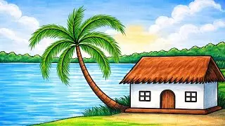Simple village scenery drawing/How to draw village scenery/Koushole Deisso aka sikhun/Easy Technique