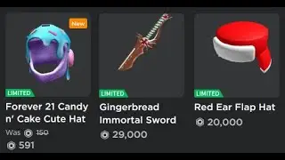 Three New Roblox Limiteds (Gingerbread Immortal Sword, Red Ear Flap Hat, Forever 21 Candy Cake Hat)