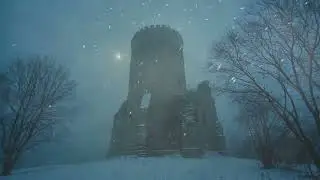 Winter Storm in Stone Tower at Night. Blizzard Sounds and Howling Winds for Sleep. Chilly Atmosphere