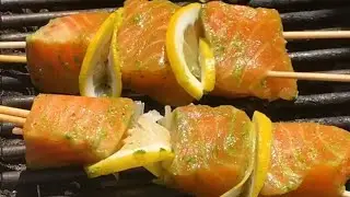 سلمون مشوي | The perfect grilled salmon skewers with a green herb vinaigrette
