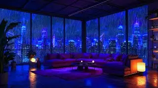 Cozy Neon Loft in the Rain 🌧️💙 8 Hours of Lofi Beats for Deep Focus & Sleep