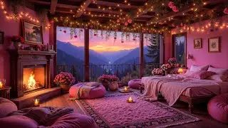 🌄 Sunset in the Mountains ✨💖Cozy Bedroom Ambience with Romantic Jazz & Crackling Fireplace for Sleep