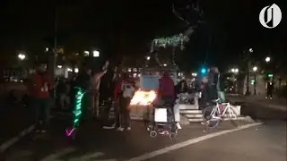 Fire under Portland elk statue