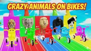 5 Giant Duck Cartoon, Cow, Elephant, Lion, Dinosaur, Paint Wild Animals Crossing Fountain Animations
