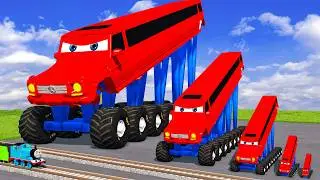 Big & Small Long & Tall Red Vizor Mcqueen with Monster Truck Wheels vs Trains - BeamNG.drive