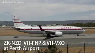 Air New Zealand (ZK-NZD), Virgin Regional (VH-FNP) and Qantas (VH-VXQ) at Perth Airport.