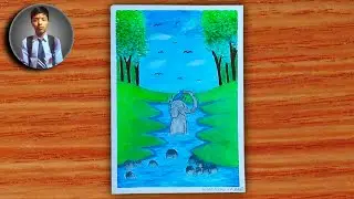 Cute baby Elephant in Forest Drawing Scenery Colour for Beginners Animal of Elephant Scenery