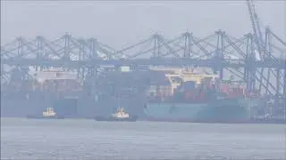 Sealand Washington on charter from Costamare departs Felixstowe with two 3212 Svitzer tug