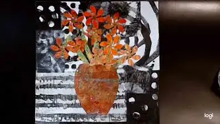 Flowers and vase collage on Black and white gel Printed background