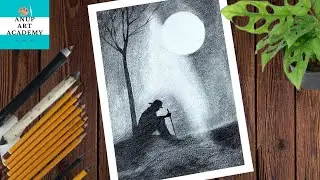 How to draw A Sad Boy Sitting Alone under moonlight with pencil, Moonlight Night drawing