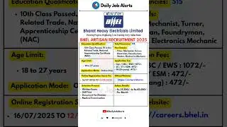 BHEL Artisan Recruitment 2025 | New Vacancy 2025 | Daily Job Alerts #shorts
