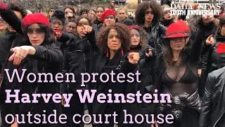 Women sing chant to protest Harvey Weinstein