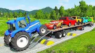 Flatbed Trailer McQueen Transportation with Truck - Speedbumps vs Cars vs Train - BeamNG.Drive #4