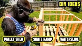 Building a pallet DIY wood shed, waterslide, and skateboard ramp in my back yard #diy