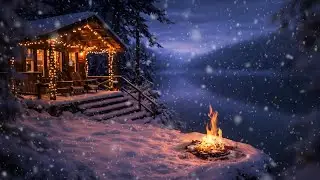 Snowy Cabin Fire Ambience at Night ❄️ Quiet Winter Lake | Sleep, Relax, Study, Focus