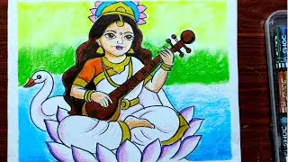 how to draw maa saraswati ful figer drawing with oil pastel colorstep by step for beginners,