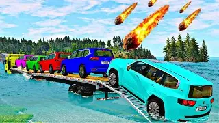 Triple Flatbed Trailer McQueen Transportation with Truck - Speedbumps vs Cars vs Train - BeamNG #1