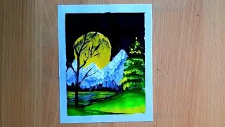 Easy scenery drawing | moonlight mountain scenery drawing with acrylic