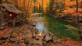 Golden🍂 Forest Calm | Autumn Cabin Ambience with Flowing River, Birds & Fire🔥 Sounds