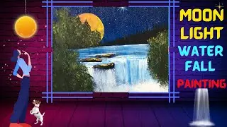 Moonlight Waterfall Scenery Painting | Amazing Moonlight Waterfall Acrylic Painting | RoMana Art