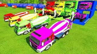 Colroful trucks - ALL COLROED MAN MIXER TRUCK, CAT EXCAVATOR TRANSPORTING TO COLORFUL GARAGE #fs22