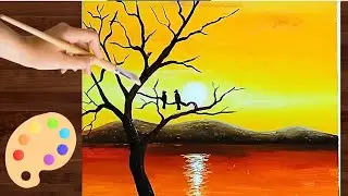 Como Pintar Paisagem Por do Sol com P&aacute;ssaros 