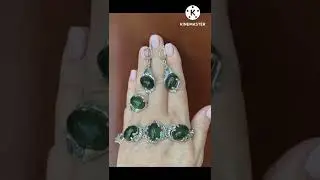 ЗЕЛЕНЫЙ КАБОШОН!! Кварц ТУРМАЛИН. Вечерний браслет, кольцо и серьги КАБЕРНЕ. Серебро. Вега