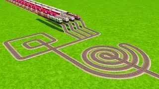 4 TRAINS VS IMPOSSIBLE CROSSING AT SQUARE ROUND CIRCLES TRACKS ZIG ZAG TRACKS//Railroad Beamng Drive
