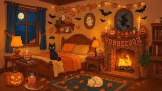 Cozy Halloween Bedroom Ambience 🕯️👻 | Cats, Fireplace & Relaxing Spooky Night