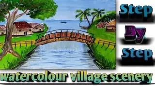 Watercolour village scenery painting by chiru's art