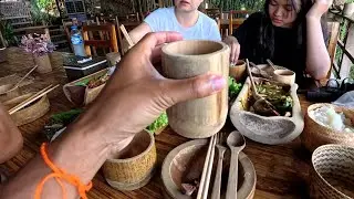 Restaurant Serving food on wood, in Laos / Eating at Luang Prabang Bio Bamboo with family