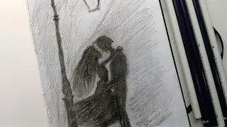 How to draw a Couple in streetlight | Romantic Charcoal art | Streetlight couple charcoal sketch