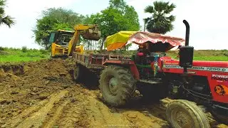JCB 3dx Eco Excellent Loading Red Mud In New Massey Ferguson 7250 For Making a Pond || JCB Eco