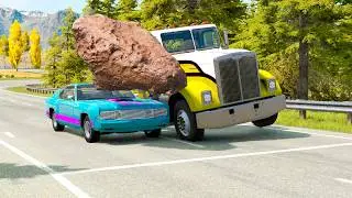 Double Flatbed Trailer Truck vs Speedbumps Train vs Cars | Tractor vs Train Beamng.Drive