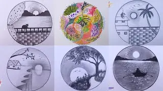 Easy 6 Circle Scenery Drawing Ideas / Pencil Drawing / Circle Drawing Scenery / Nature Landscape