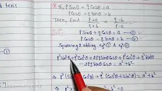 If psinθ + qcosθ=a and pcosθ - qsinθ=b, then find the value of (p+a)/(q-b)+(q-b)/(p-a) VIQ