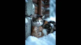 A mother cat protecting her kittens in the snow... Would you take them home? ❄️🐾