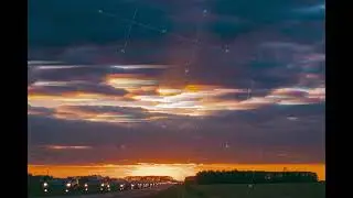 6k Timelapse. Road Trip Concept. Sunset Rays Shining Through Clouds. Bewitching Illusion Of Car