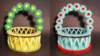 DIY Wool Flower Basket  | Easy Cardboard & Yarn Craft Idea 🌼 