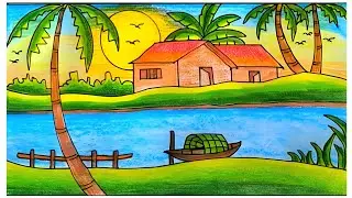 গ্রামের দৃশ্য অংকন || Draw Landscape Village Sunrise Scenery. #art #drawing #landscape #village 