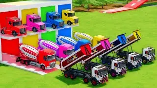 Garage with Colors - ALL MIXER TRUCK WITH DOUBLE FLATBED TRAILER TRUCK, SCANIA, DAF, VOLVO - FS22