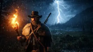 Fire-Torch Night Walk in Thunderstorm | Arthur Morgan 4K Cinematic Ambience | Rain for Deep Sleep