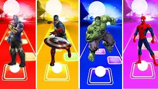 Marvel movie heroes in Tiles hop game: Thanos, Captain America, Hulk, Spider Man.