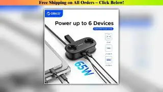 ORICO EU Plug GaN 65W Power Strip 2AC Outlets 2USB Port 1Type C Portable Adapter Extension Cord