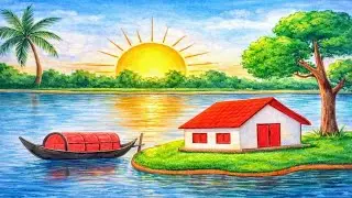 How to Draw Easy village Scenery with Sunset & River | Step-by-Step Mountain Landscape for Beginners