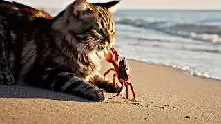 Cat playing with crab 🦀 🐈 funny , 😝 Chistoso