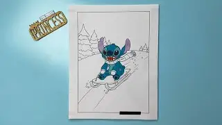Stitch Sled Riding Down A Big Hill / Coloring Stitch with Markers / Speed Coloring Time Lapse